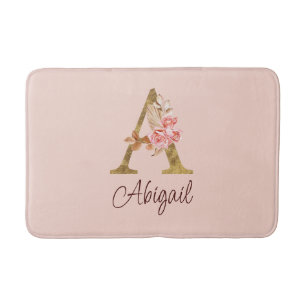 Custom Name Gold Foil Blush Pink Roses Letter A Bath Mat