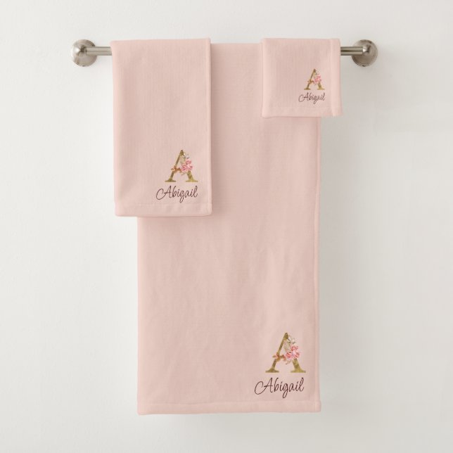 Custom Name Gold Foil Blush Pink Roses Letter A Bath Towel Set (Insitu)