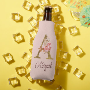 Custom Name Gold Foil Blush Pink Roses Letter A Bottle Cooler