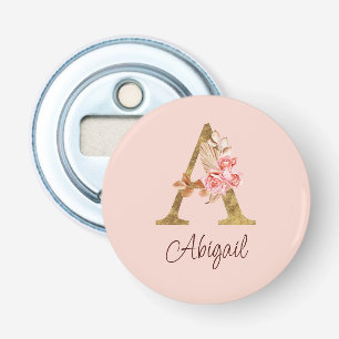 Custom Name Gold Foil Blush Pink Roses Letter A Bottle Opener
