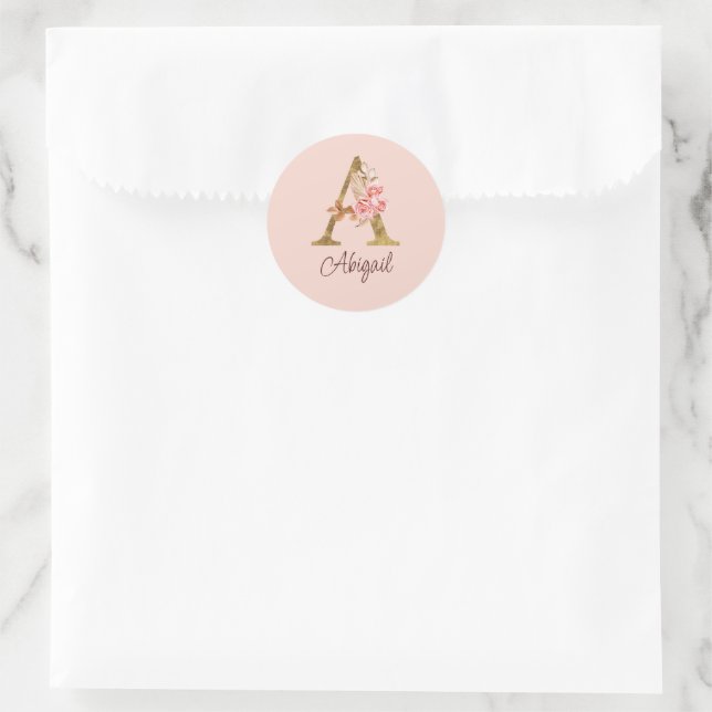 Custom Name Gold Foil Blush Pink Roses Letter A Classic Round Sticker (Bag)