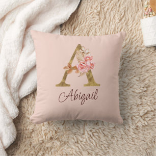 Custom Name Gold Foil Blush Pink Roses Letter A Cushion