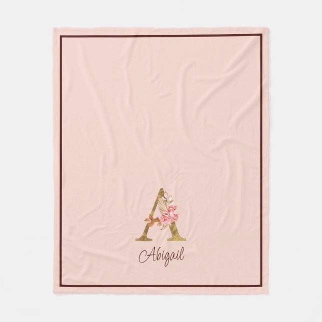 Custom Name Gold Foil Blush Pink Roses Letter A Fleece Blanket (Front)