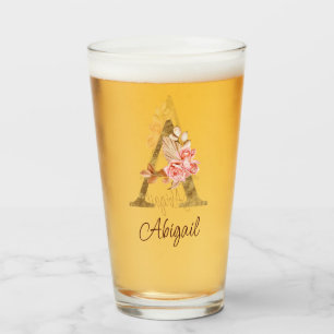 Custom Name Gold Foil Blush Pink Roses Letter A Glass
