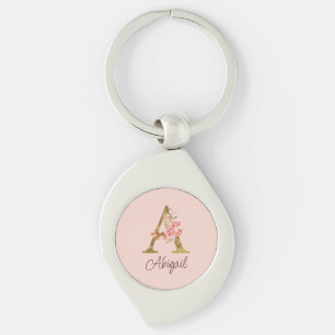 Custom Name Gold Foil Blush Pink Roses Letter A Key Ring