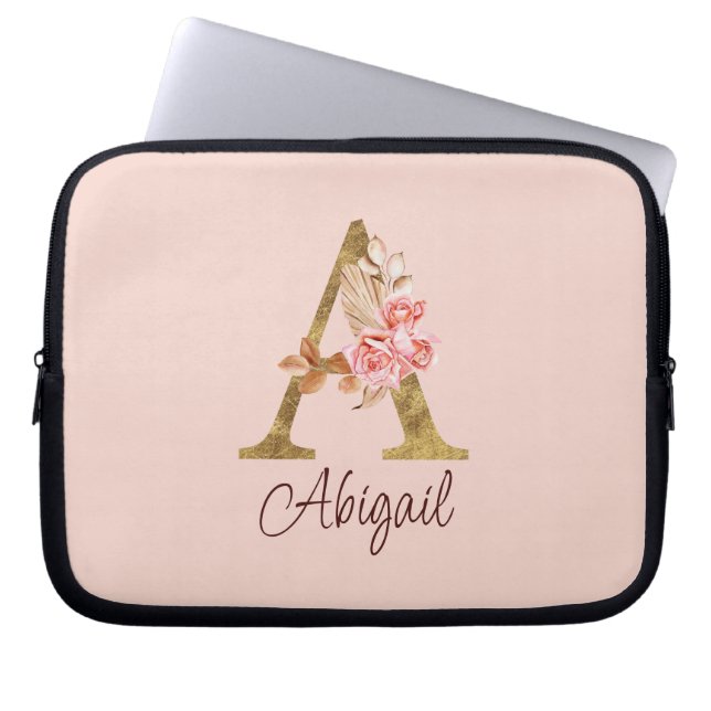Custom Name Gold Foil Blush Pink Roses Letter A Laptop Sleeve (Front)