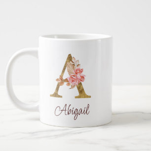 Custom Name Gold Foil Blush Pink Roses Letter A Large Coffee Mug