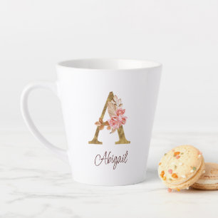 Custom Name Gold Foil Blush Pink Roses Letter A Latte Mug