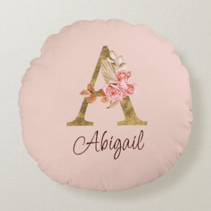 Custom Name Gold Foil Blush Pink Roses Letter A Round Cushion