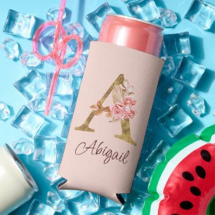 Custom Name Gold Foil Blush Pink Roses Letter A Seltzer Can Cooler