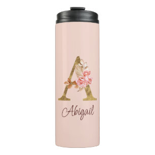 Custom Name Gold Foil Blush Pink Roses Letter A Thermal Tumbler