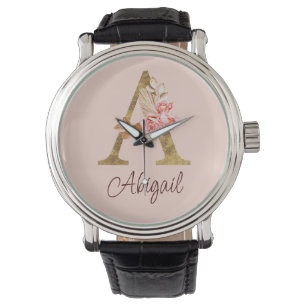 Custom Name Gold Foil Blush Pink Roses Letter A Watch
