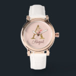 Custom Name Gold Foil Blush Pink Roses Letter A Watch<br><div class="desc">Custom Name Gold Foil Blush Pink Roses Letter A design features a stylish floral monogram with elegant shimmer—perfect for feminine themes,  romantic occasions,  and personalised name customisation. Click 'Personalise' to customise with your name or a loved one’s.</div>
