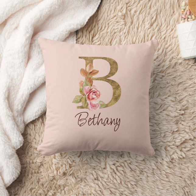 Custom Name Gold Foil Blush Pink Roses Letter B Cushion (Blanket)