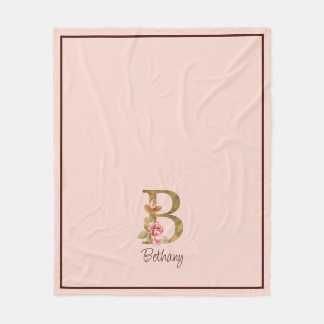 Custom Name Gold Foil Blush Pink Roses Letter B Fleece Blanket (Front)