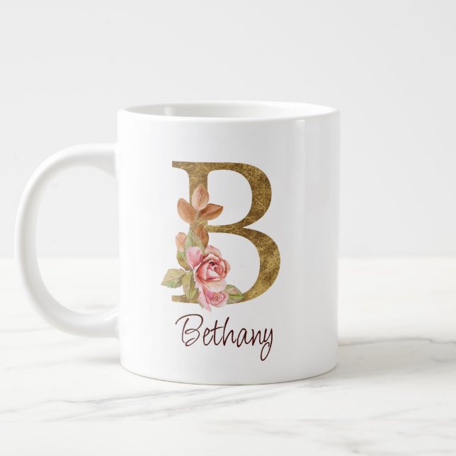 Custom Name Gold Foil Blush Pink Roses Letter B Large Coffee Mug (Left)