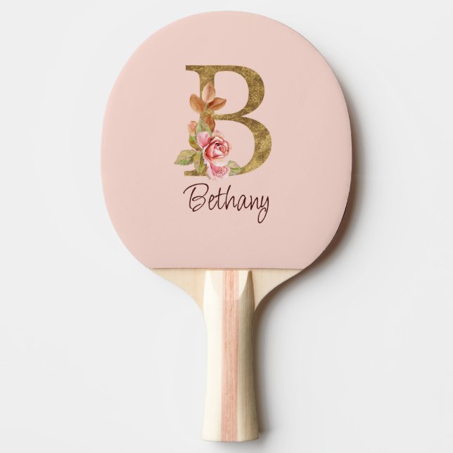 Custom Name Gold Foil Blush Pink Roses Letter B Ping Pong Paddle (Front)