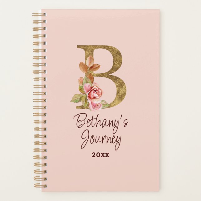 Custom Name Gold Foil Blush Pink Roses Letter B Planner (Front)
