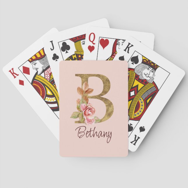 Custom Name Gold Foil Blush Pink Roses Letter B Playing Cards (Back)
