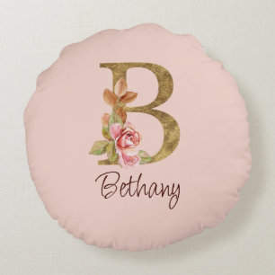 Custom Name Gold Foil Blush Pink Roses Letter B Round Cushion