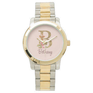 Custom Name Gold Foil Blush Pink Roses Letter B Watch