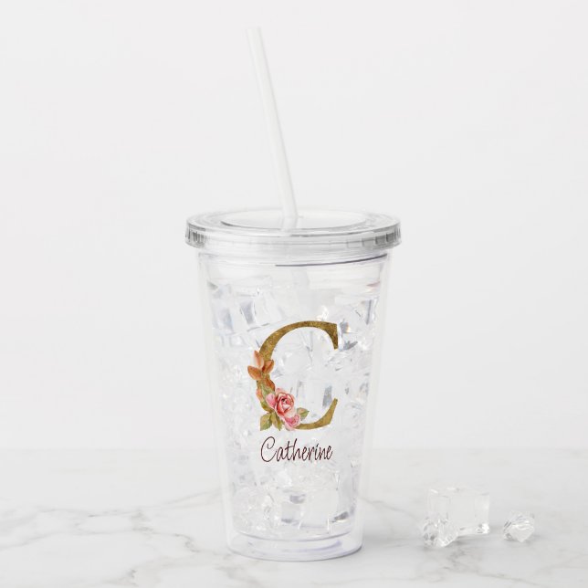 Custom Name Gold Foil Blush Pink Roses Letter C Acrylic Tumbler (Front Ice)