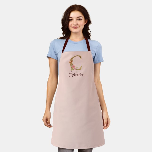 Custom Name Gold Foil Blush Pink Roses Letter C Apron (Worn)