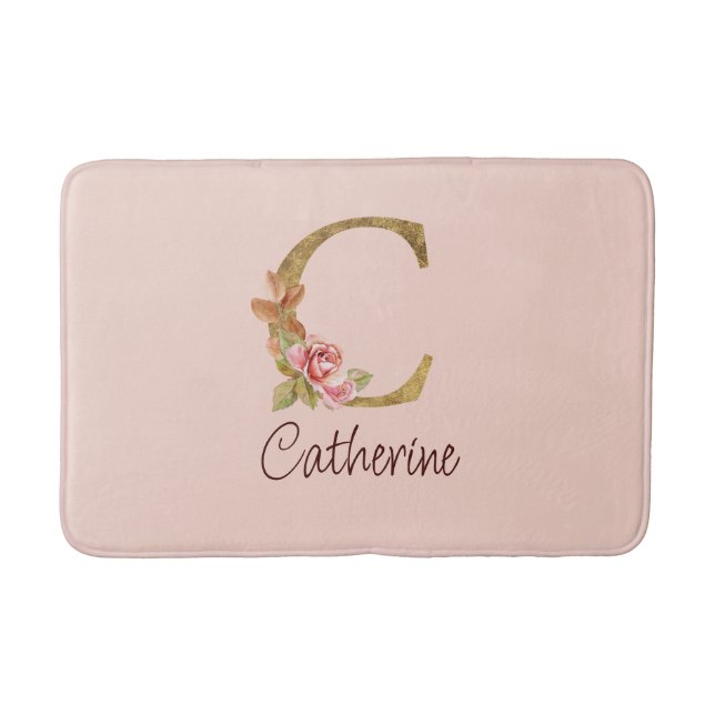 Custom Name Gold Foil Blush Pink Roses Letter C Bath Mat (Front)
