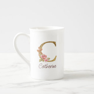 Custom Name Gold Foil Blush Pink Roses Letter C Bone China Mug