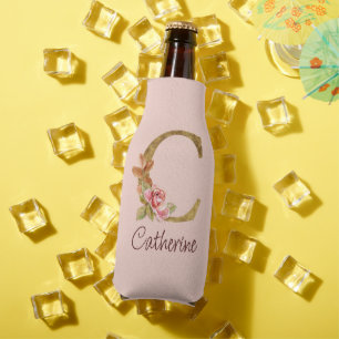 Custom Name Gold Foil Blush Pink Roses Letter C Bottle Cooler