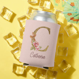 Custom Name Gold Foil Blush Pink Roses Letter C Can Cooler