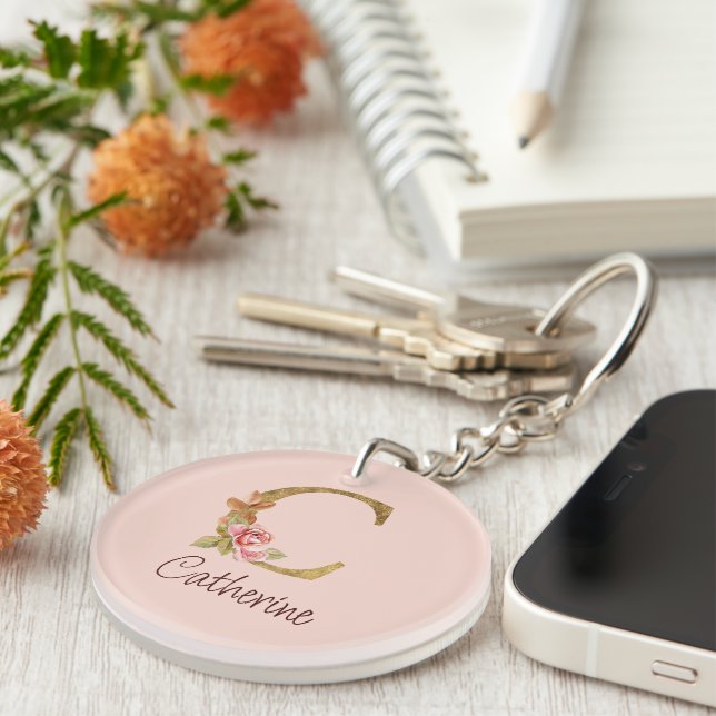 Custom Name Gold Foil Blush Pink Roses Letter C Key Ring (Front Right)