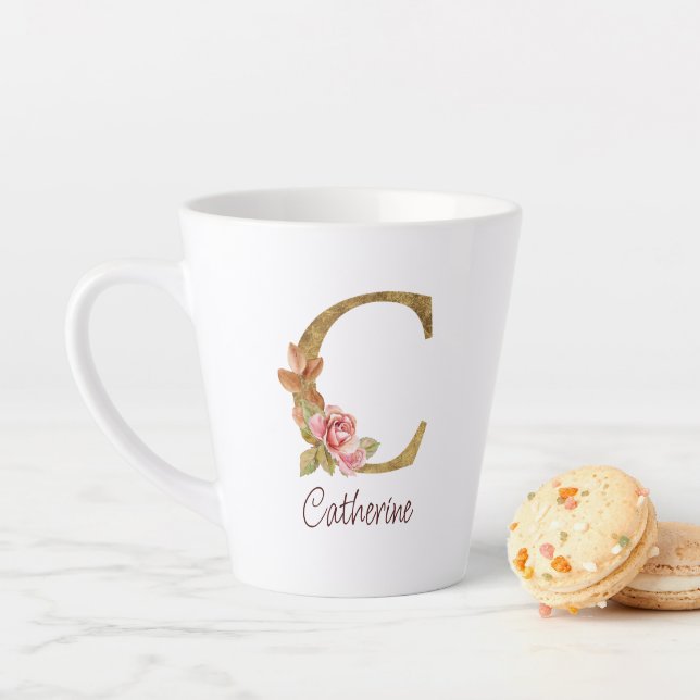 Custom Name Gold Foil Blush Pink Roses Letter C Latte Mug (In Situ)