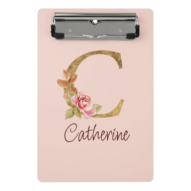 Custom Name Gold Foil Blush Pink Roses Letter C Mini Clipboard (Front)