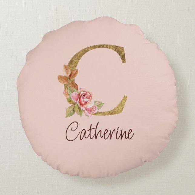 Custom Name Gold Foil Blush Pink Roses Letter C Round Cushion (Back)