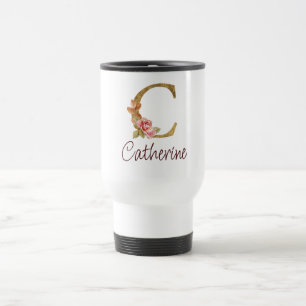 Custom Name Gold Foil Blush Pink Roses Letter C Travel Mug