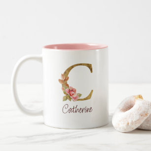 Custom Name Gold Foil Blush Pink Roses Letter C Two-Tone Coffee Mug