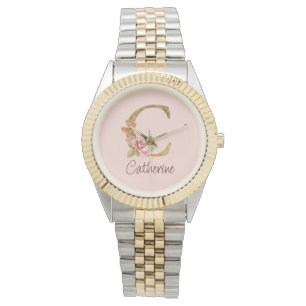 Custom Name Gold Foil Blush Pink Roses Letter C Watch