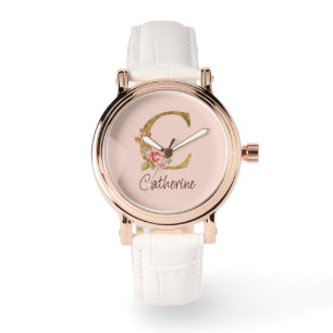 Custom Name Gold Foil Blush Pink Roses Letter C Watch