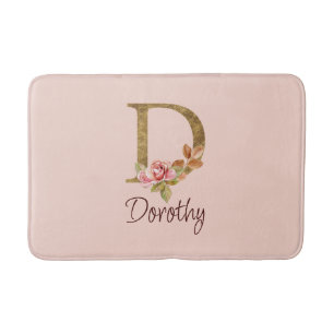 Custom Name Gold Foil Blush Pink Roses Letter D Bath Mat