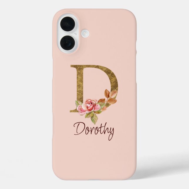 Custom Name Gold Foil Blush Pink Roses Letter D Case-Mate iPhone Case (Back)