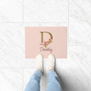 Custom Name Gold Foil Blush Pink Roses Letter D Doormat