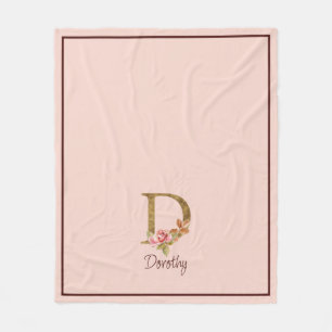 Custom Name Gold Foil Blush Pink Roses Letter D Fleece Blanket