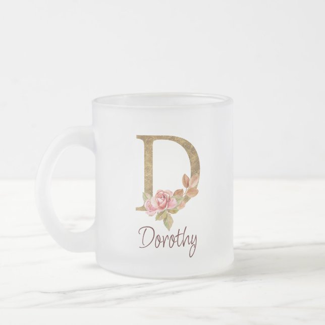 Custom Name Gold Foil Blush Pink Roses Letter D Frosted Glass Coffee Mug (Left)