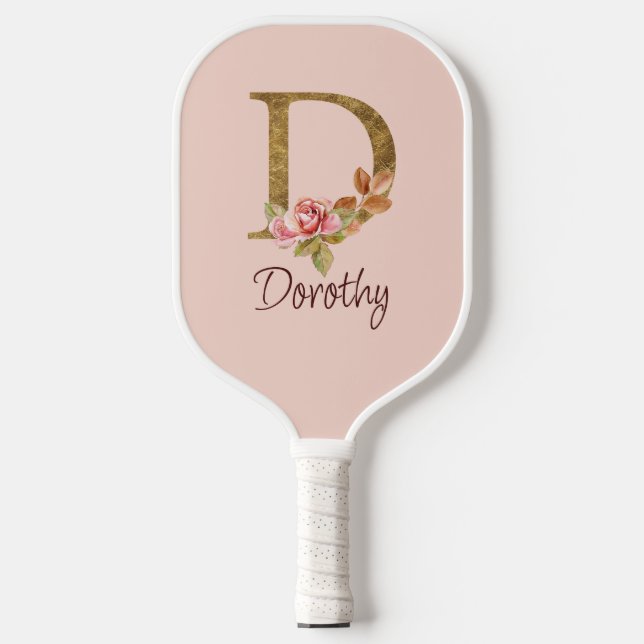 Custom Name Gold Foil Blush Pink Roses Letter D Pickleball Paddle (Front)