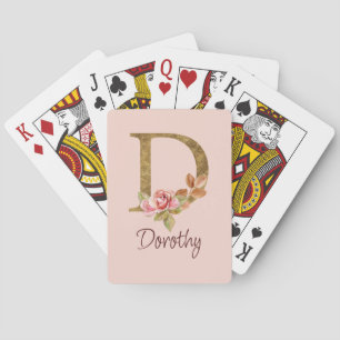 Custom Name Gold Foil Blush Pink Roses Letter D Playing Cards