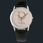 Custom Name Gold Foil Blush Pink Roses Letter D Watch<br><div class="desc">Custom Name Gold Foil Blush Pink Roses Letter D design presents an elegant floral monogram with shimmering detail—ideal for soft feminine style,  romantic touches,  and personalised name designs. Click 'Personalise' to add your name or a loved one’s.</div>