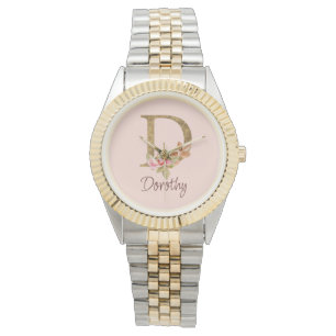 Custom Name Gold Foil Blush Pink Roses Letter D Watch