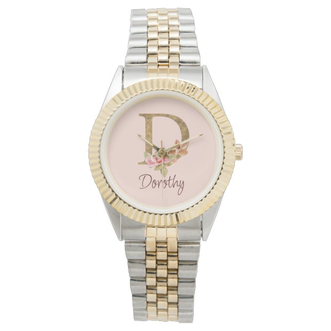 Custom Name Gold Foil Blush Pink Roses Letter D Watch (Front)