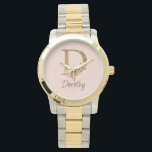 Custom Name Gold Foil Blush Pink Roses Letter D Watch<br><div class="desc">Custom Name Gold Foil Blush Pink Roses Letter D design presents an elegant floral monogram with shimmering detail—ideal for soft feminine style,  romantic touches,  and personalised name designs. Click 'Personalise' to add your name or a loved one’s.</div>